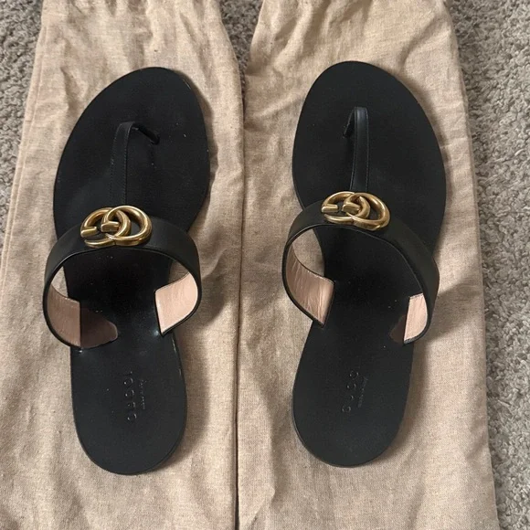 Gucci Marmont Leather Thong Sandal with Double G (GG) — Black Size 40 - Picture 11 of 14